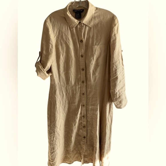 Linen Tab Sleeves Button Front Gold Shirt Dress Jones New York Womens Sz 14 - Picture 3 of 8